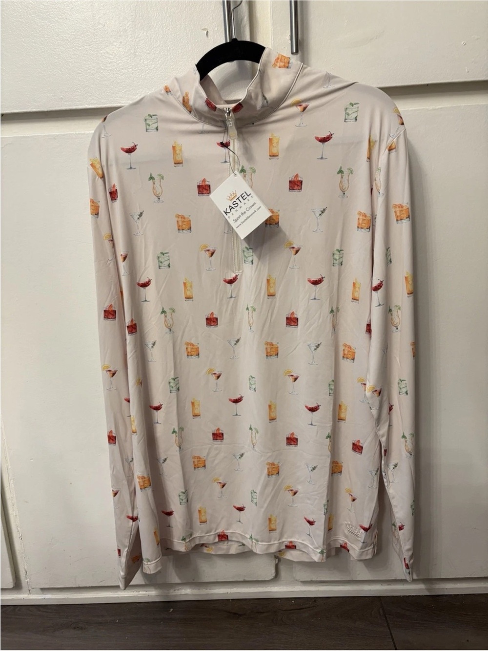 Kastel Denmark Women's Cocktail Print Long Sleeve Mock Neck Zipper Top White